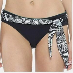 BECCA Bikini Bottom NWOT Reversible Fern Green Black White Removable Belt Tie